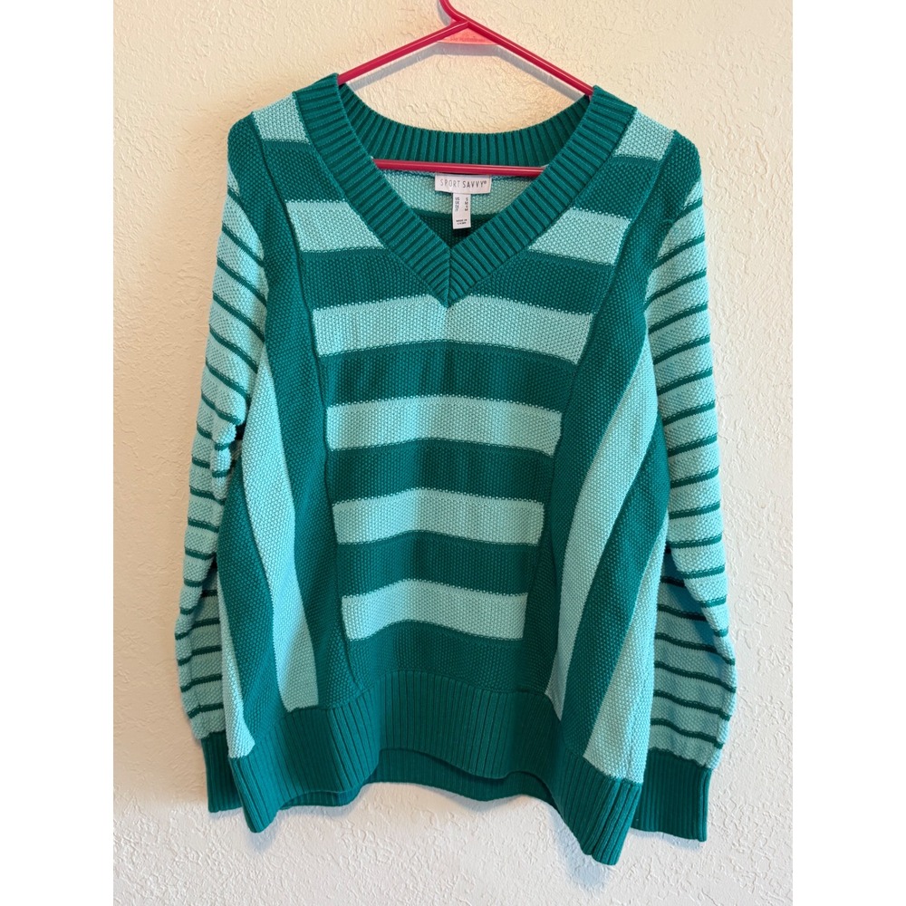 Sport Savvy Womens Teal Mint Green Striped V-Neck Cotton Knit Sweater A644011 S